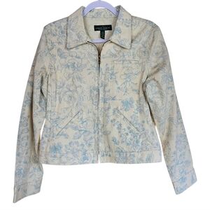 Lauren Ralph Lauren Cream & Blue Floral Front Zip Denim Moto Jacket